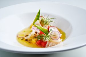 4. Snapper ceviche with passion fruit, watermelon and snow peas-min