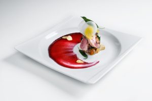 5. Seared duck breast with candied pumpkin, seeds, beetroot reduction-min