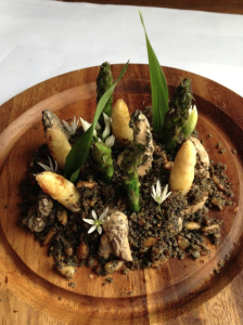 Spring on a plate: roasted green white asparagus, morels cooked in beurre monte, morel espuma, wild ramps, and pinenut dirt