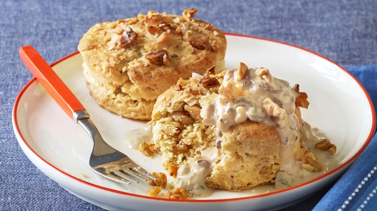 Toasted Walnut & Brown Butter Biscuits With Roasted Walnut And Mushroom Gravy